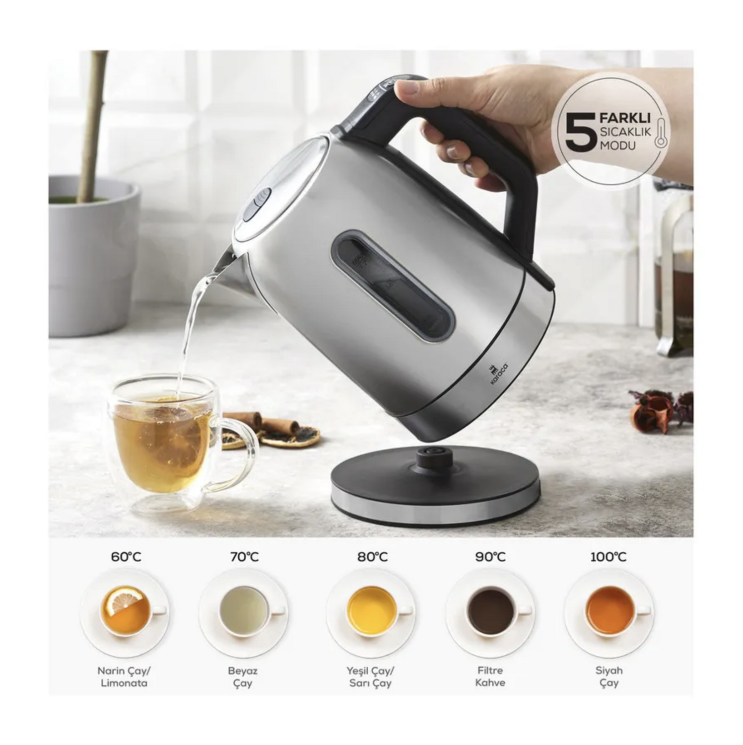 Karaca Inox Water Kettle 2200W with Temperature Adjustable and Led Light 2204​