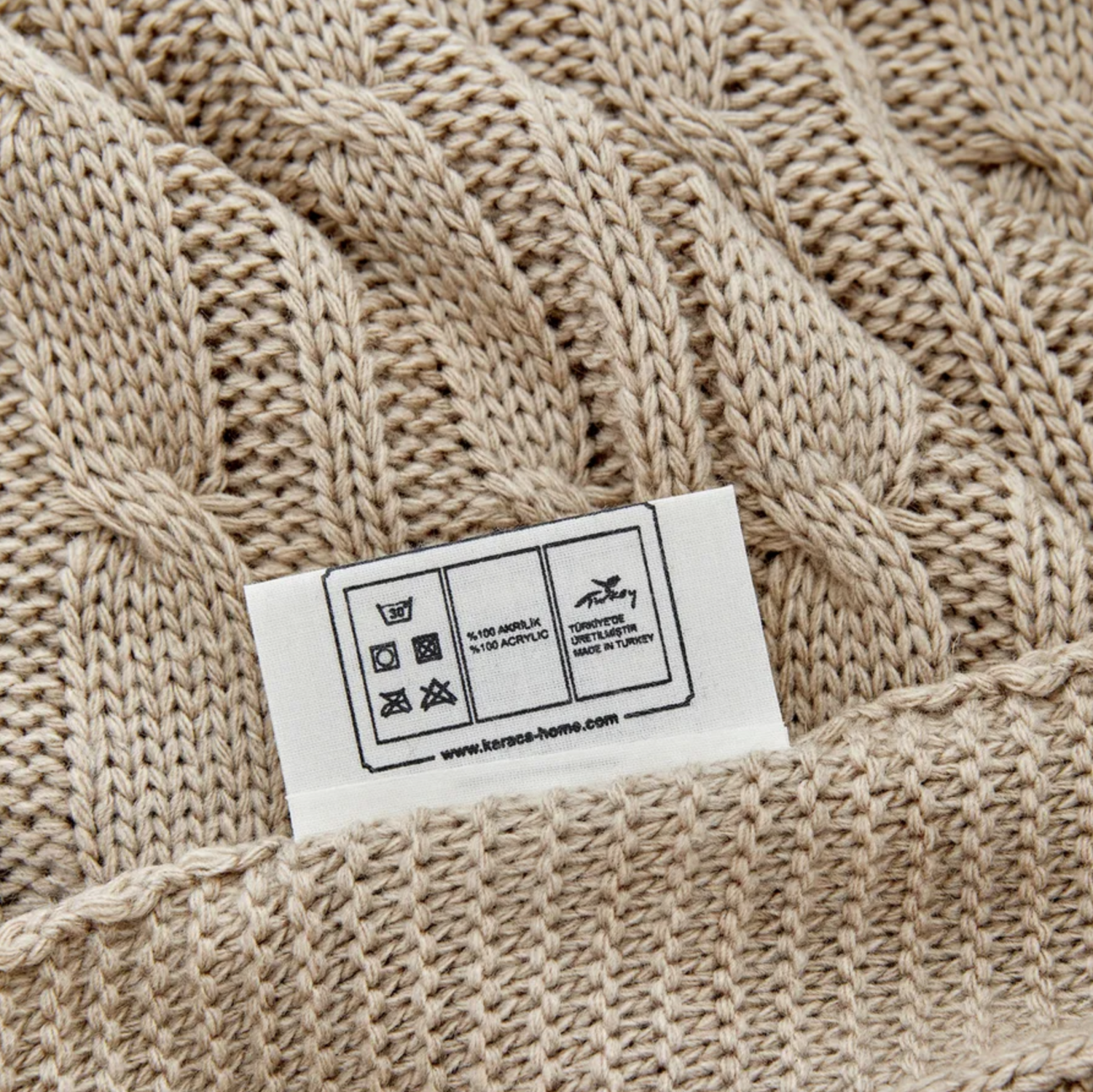 Karaca Home Dark Beige Cable Knit Throw Oeko-Tex Certified