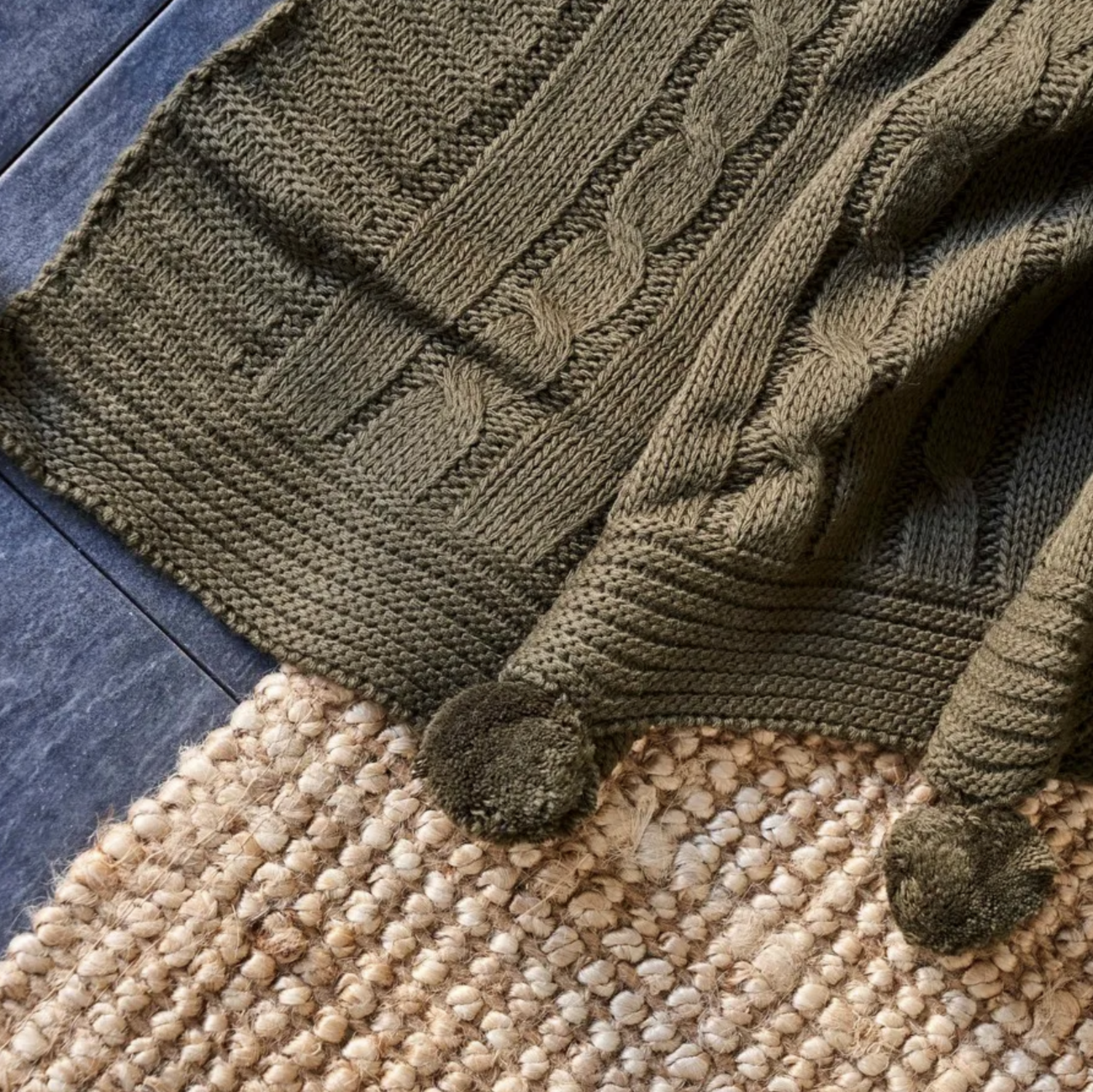 Karaca Home Olive Drab Cable Stripped Pompom Leichter Duvet Cover