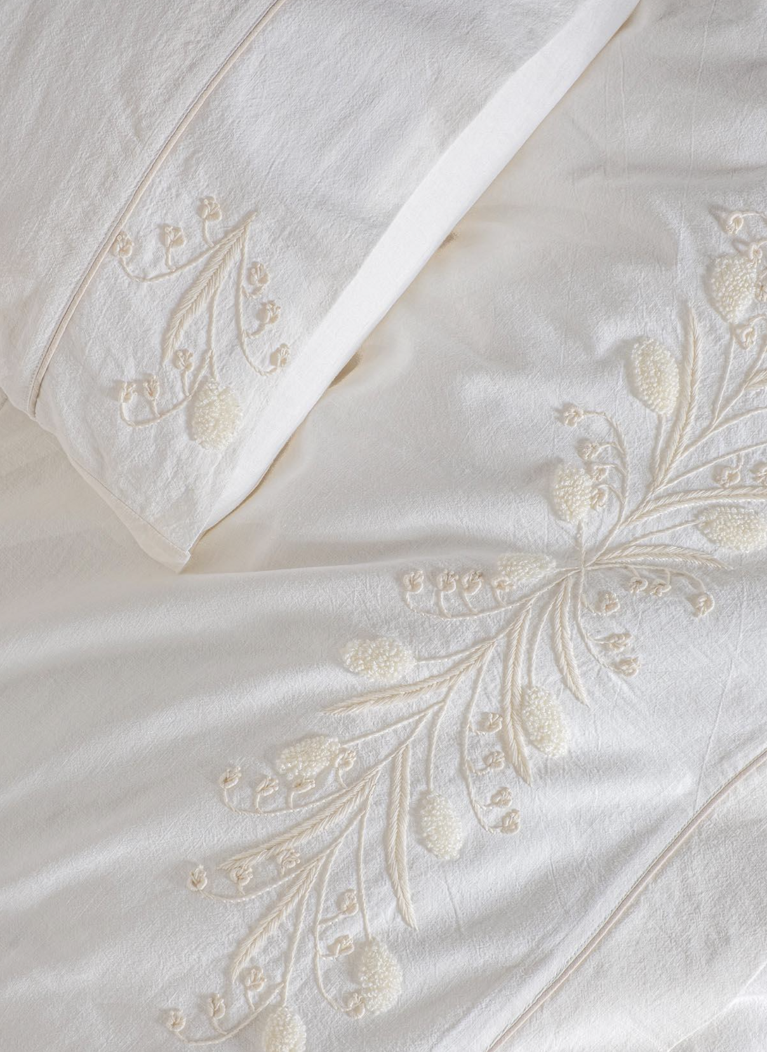 Ecocotton Lilya Two Person Duvet Cover 100% Organic Cotton Linen Hand Embroidered Cream 200x220 Cm