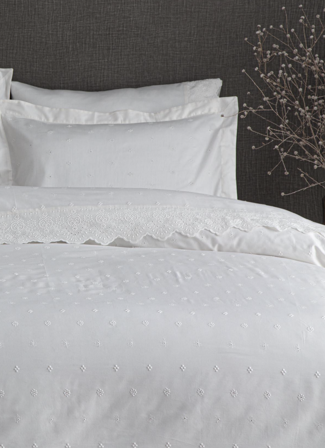 Ecocotton Ahter Two Person Duvet Cover Set 100% Organic Cotton Sateen Brodeli Cream 200x220 Cm