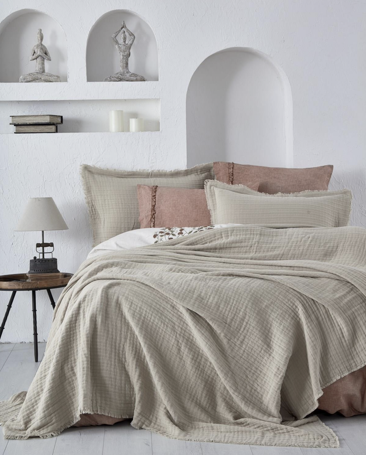 Ecocotton Armina Two Person Bedspread Set 100% Organic Cotton Muslin Filled Beige 240X260 Cm