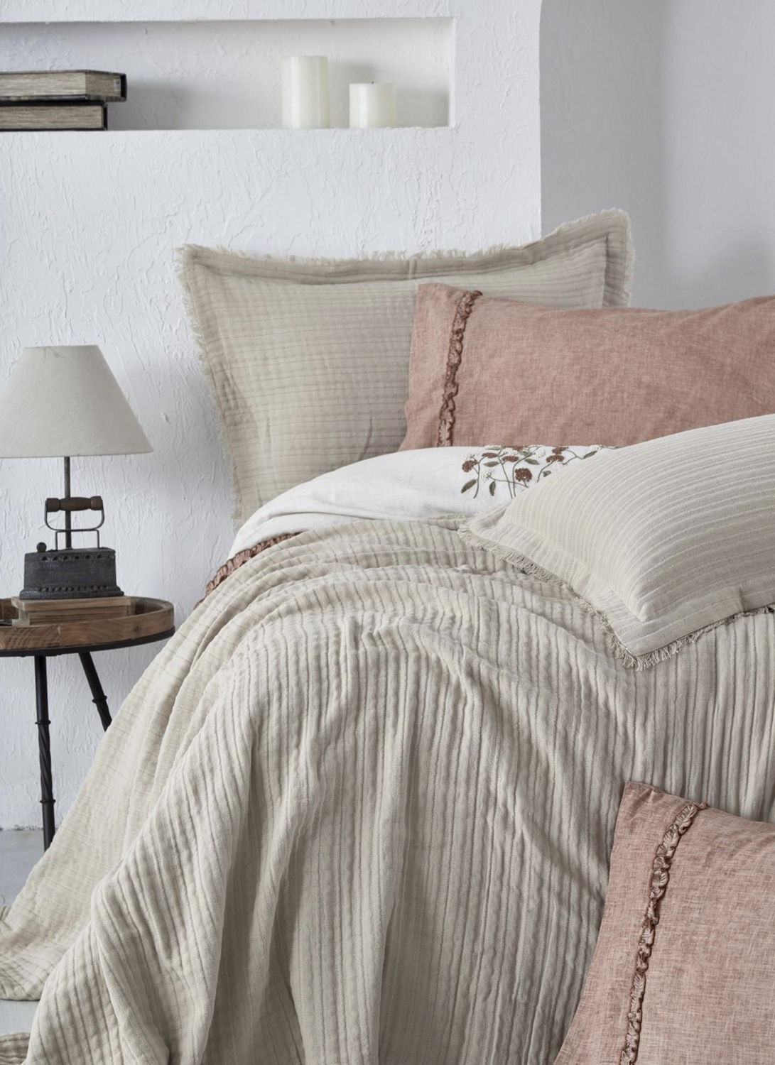 Ecocotton Armina Two Person Bedspread Set 100% Organic Cotton Muslin Filled Beige 240X260 Cm
