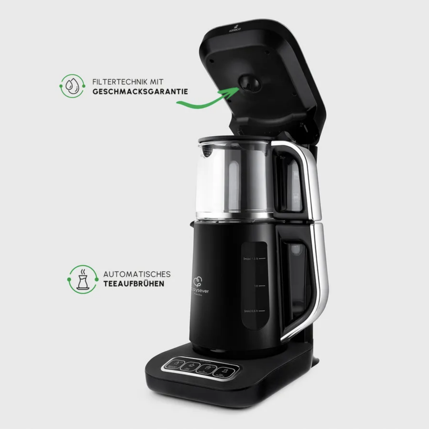 Karaca Caysever Robotea Pro 4 in 1 Talking Automatic Tea Maker Kettle and Filter Coffee Maker 2500W Black