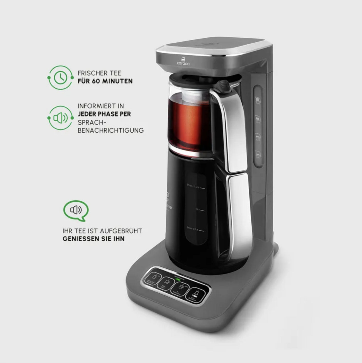 Karaca Caysever Robotea Pro 4 in 1 Sprekende Automatische Theemaker Waterkoker en Filterkoffiezetapparaat 2500W Space Grey