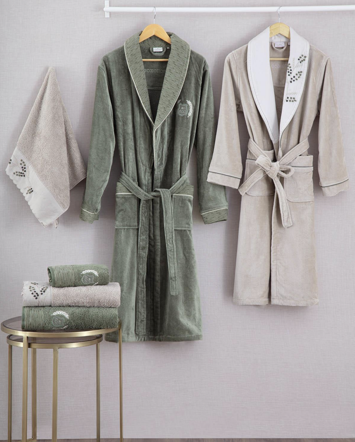 Ecocotton Derin Family Bathrobe Set 100% Organic Cotton Embroidered Beige/Green - M/L