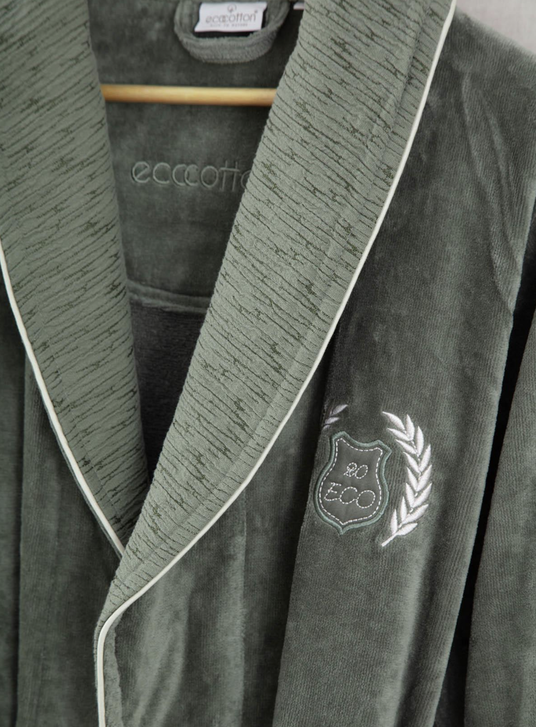 Ecocotton Derin Family Bathrobe Set 100% Organic Cotton Embroidered Beige/Green - M/L