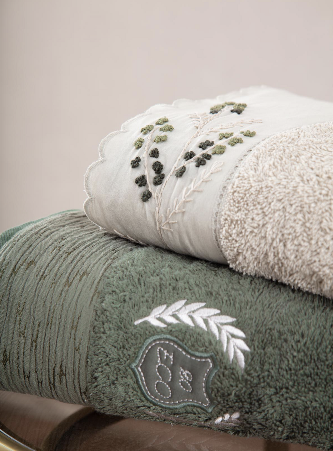 Ecocotton Derin Family Bathrobe Set 100% Organic Cotton Embroidered Beige/Green - M/L