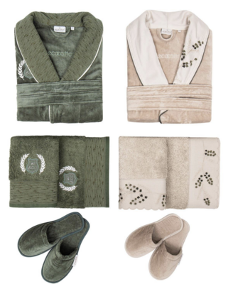 Ecocotton Derin Family Bathrobe Set 100% Organic Cotton Embroidered Beige/Green - M/L