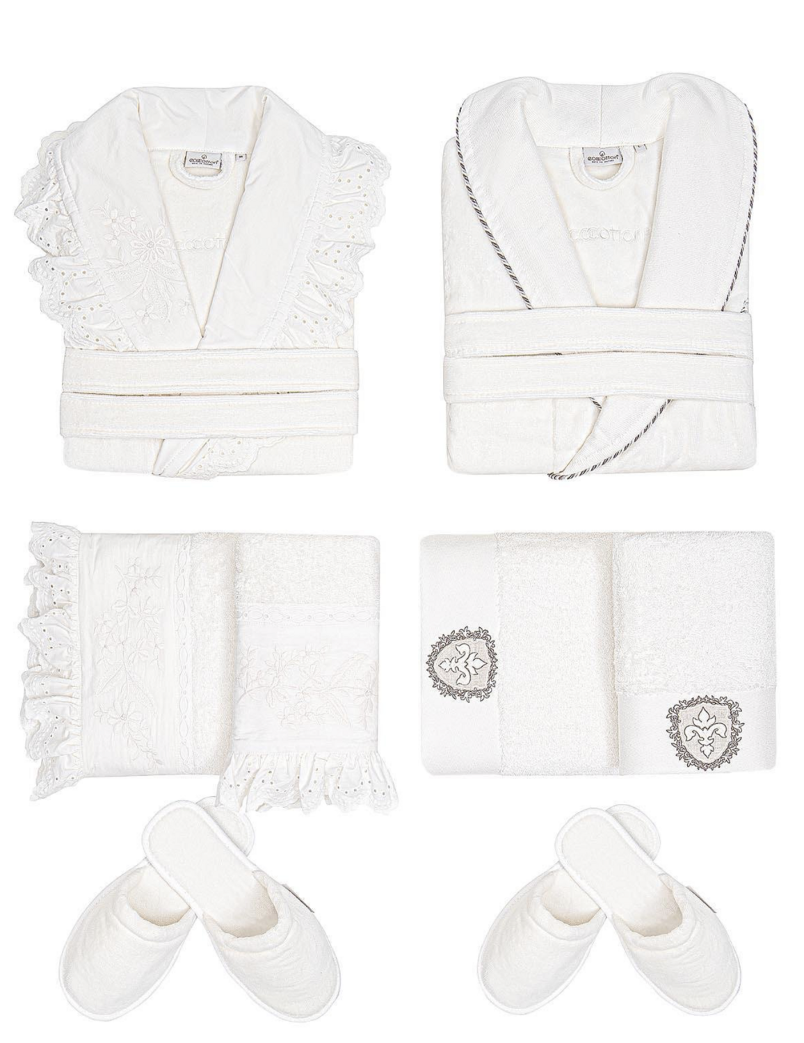 Ecocotton Elsa Family Bathrobe 100% Organic Embroidered Cotton Cream/Cream - M/L