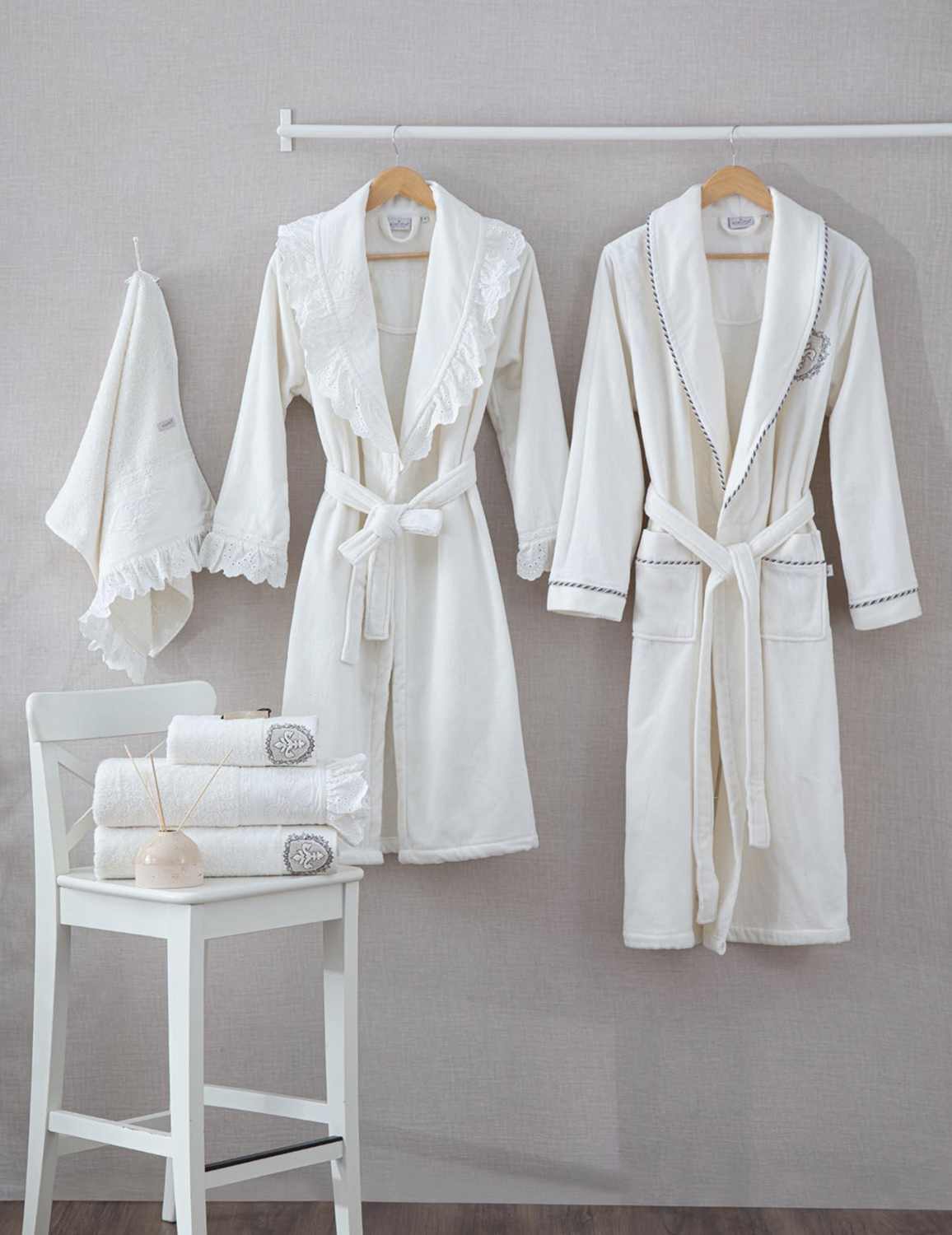 Ecocotton Elsa Family Bathrobe 100% Organic Embroidered Cotton Cream/Cream - M/L