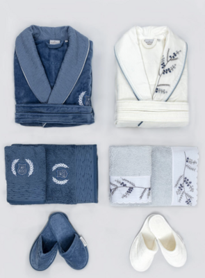 Ecocotton Derin Family Bathrobe Set 100% Organic Cotton Embroidered Beige/Blue - M/L