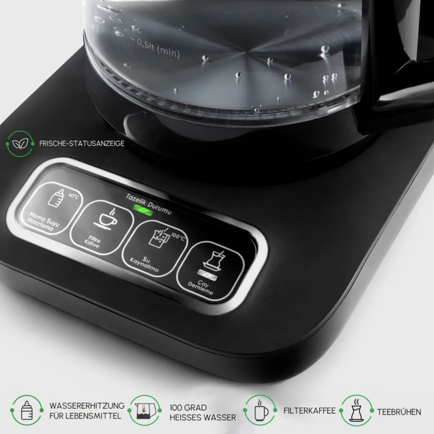 Karaca Çaysever Robotea Pro 4 in 1 Talking Automatic Glass Tea Machine, Water Heater, and Filter Coffee Brewing Machine 2500W Black Chrome