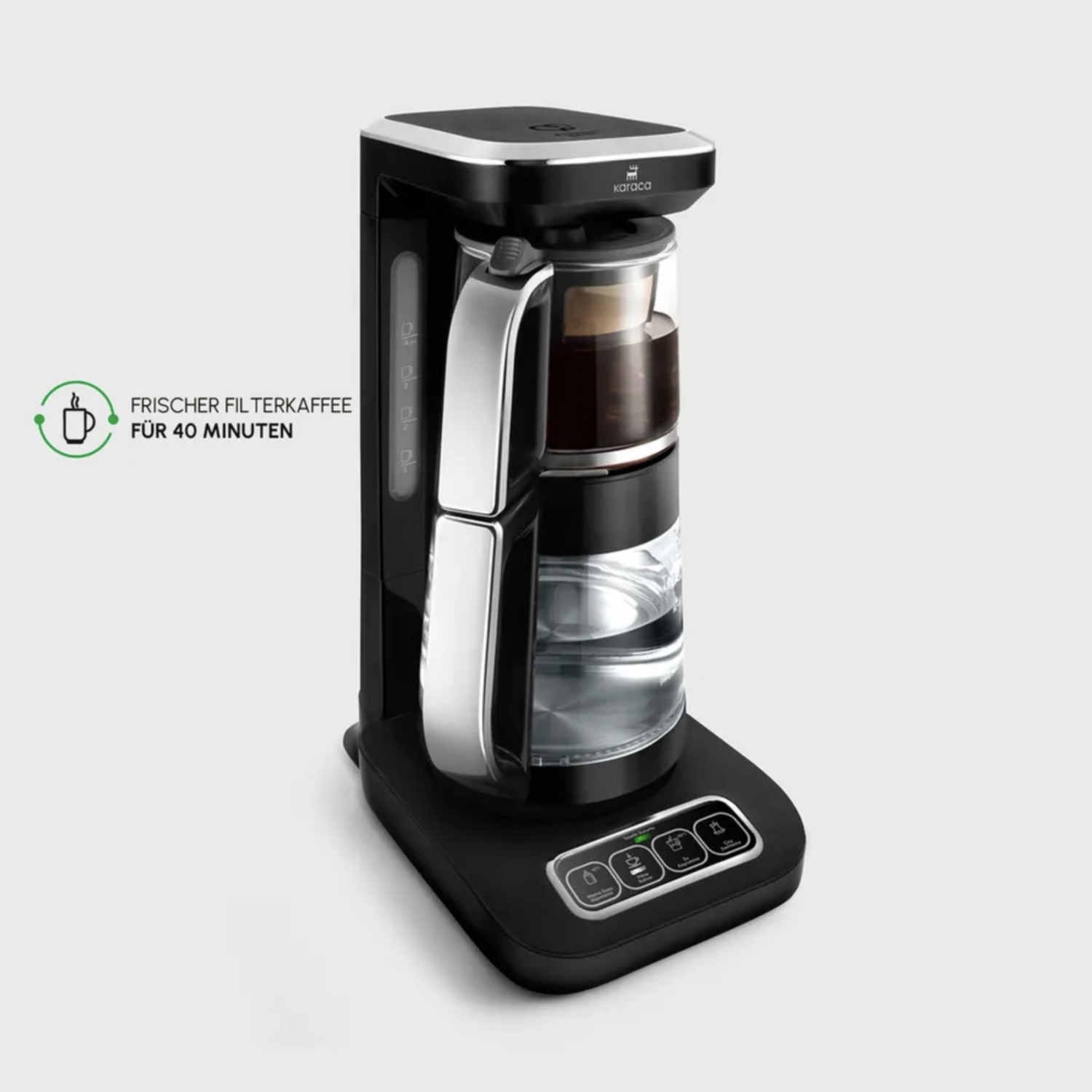 Karaca Çaysever Robotea Pro 4 in 1 Talking Automatic Glass Tea Machine, Water Heater, and Filter Coffee Brewing Machine 2500W Black Chrome