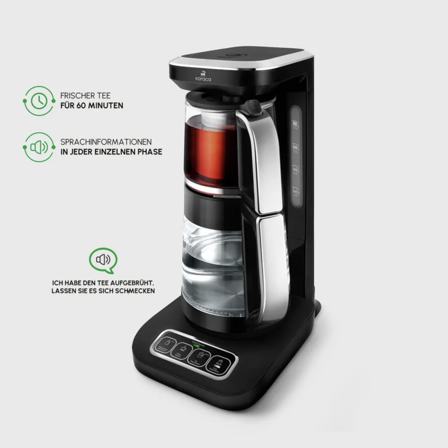 Karaca Çaysever Robotea Pro 4 in 1 Talking Automatic Glass Tea Machine, Water Heater, and Filter Coffee Brewing Machine 2500W Black Chrome