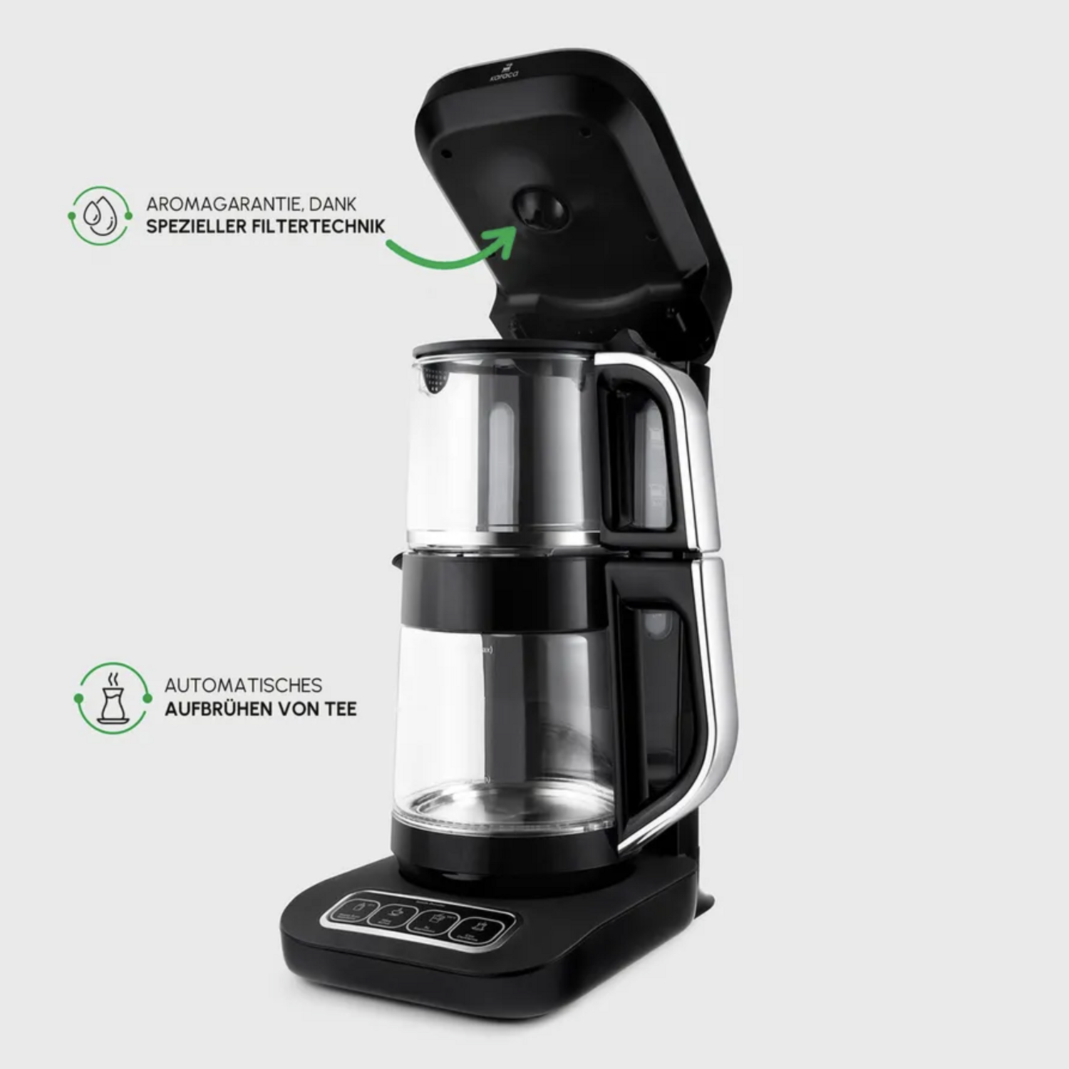 Karaca Çaysever Robotea Pro 4 in 1 Talking Automatic Glass Tea Machine, Water Heater, and Filter Coffee Brewing Machine 2500W Black Chrome