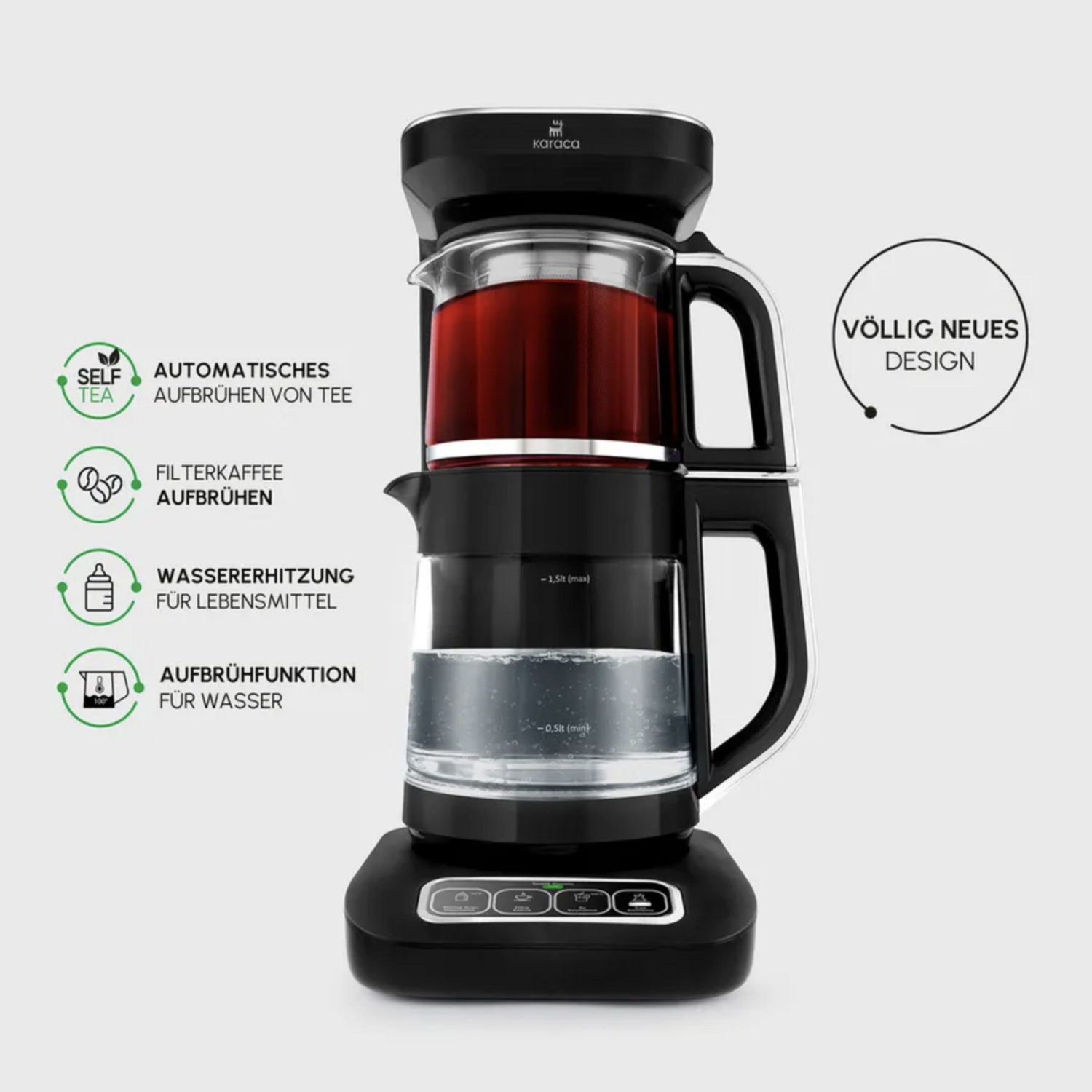 Karaca Çaysever Robotea Pro 4 in 1 Talking Automatic Glass Tea Machine, Water Heater, and Filter Coffee Brewing Machine 2500W Black Chrome