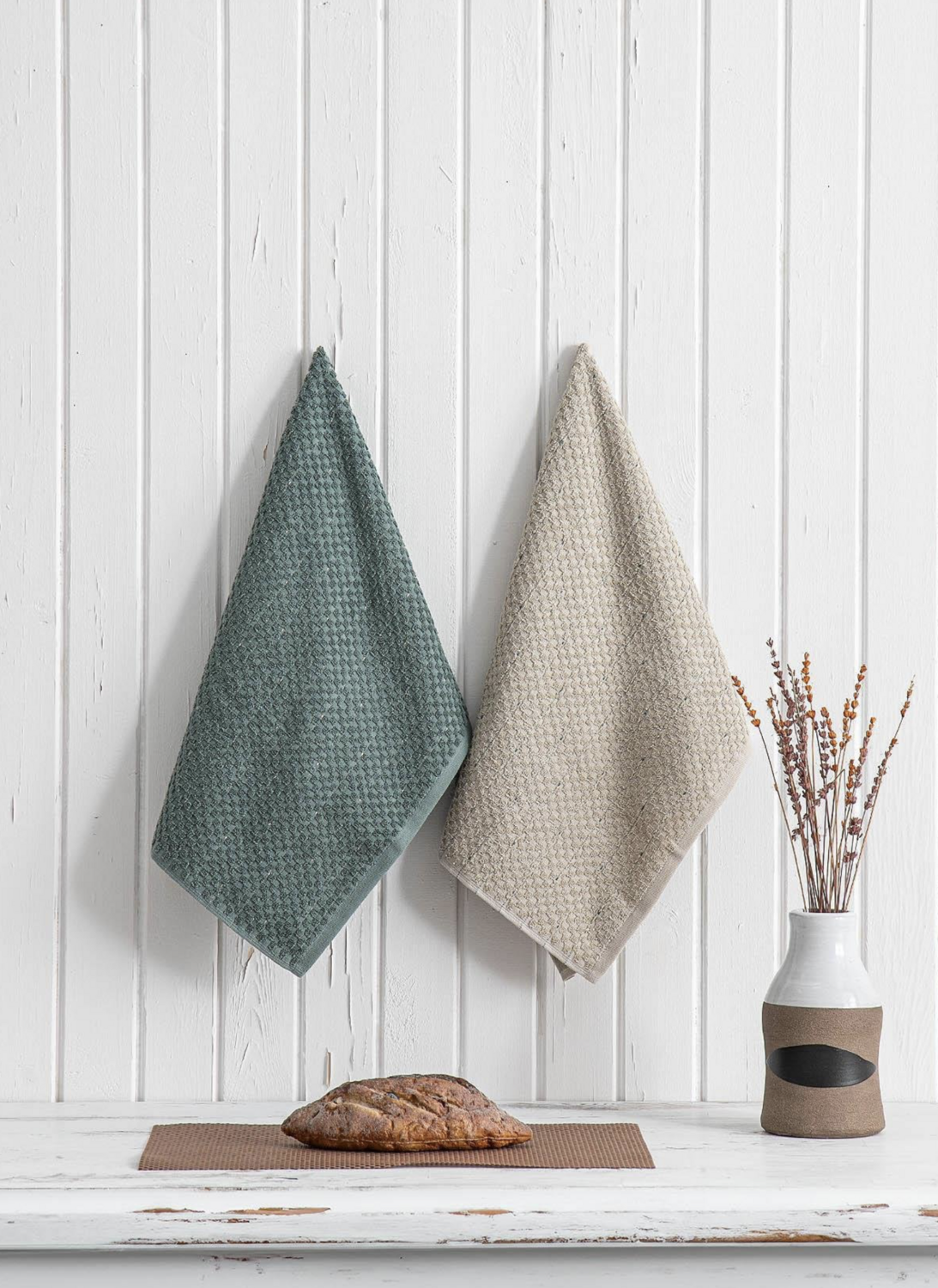 Green Black Parla 2 Piece Kitchen Towel 100% Cotton Beige-Green 50X70 Cm