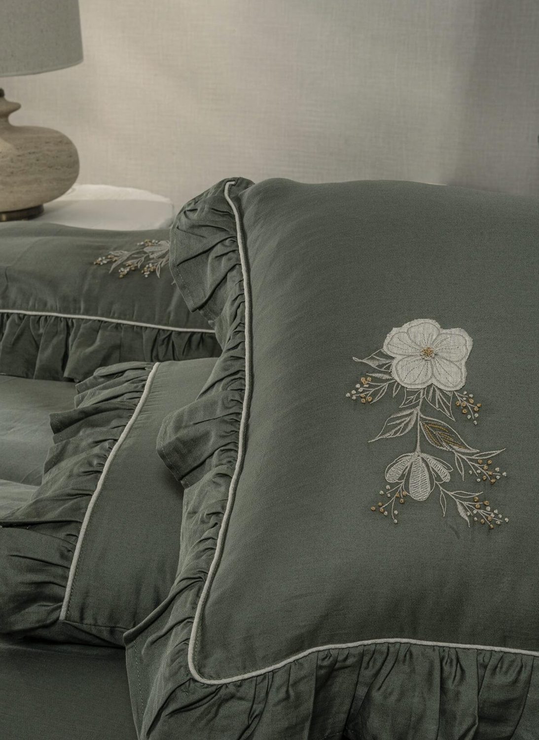 Ecocotton Vanya Battal Size Duvet Cover Set 100% Organic Cotton Satin Applique Embroidered Green 240x220 Cm