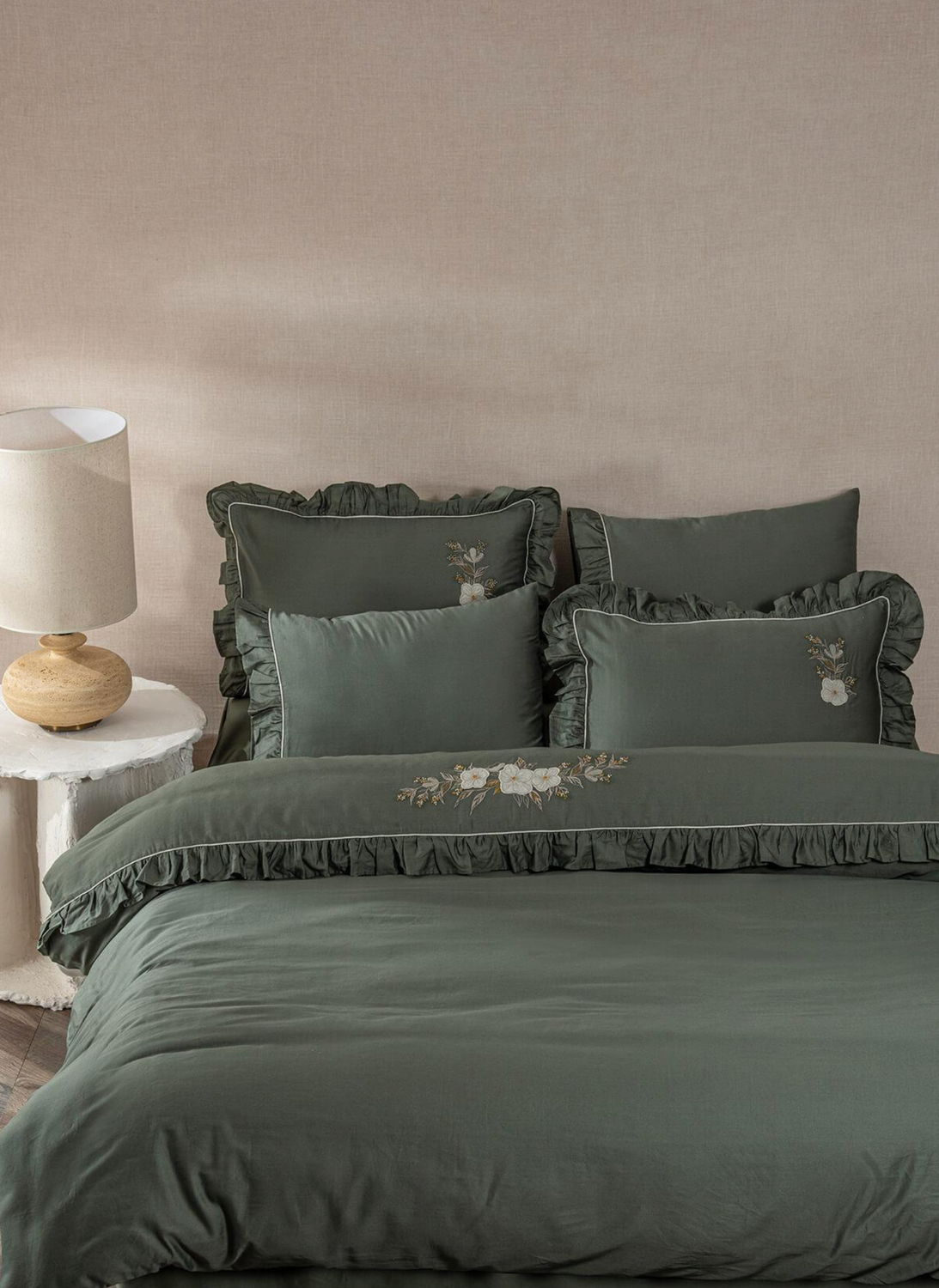 Ecocotton Vanya Battal Size Duvet Cover Set 100% Organic Cotton Satin Applique Embroidered Green 240x220 Cm