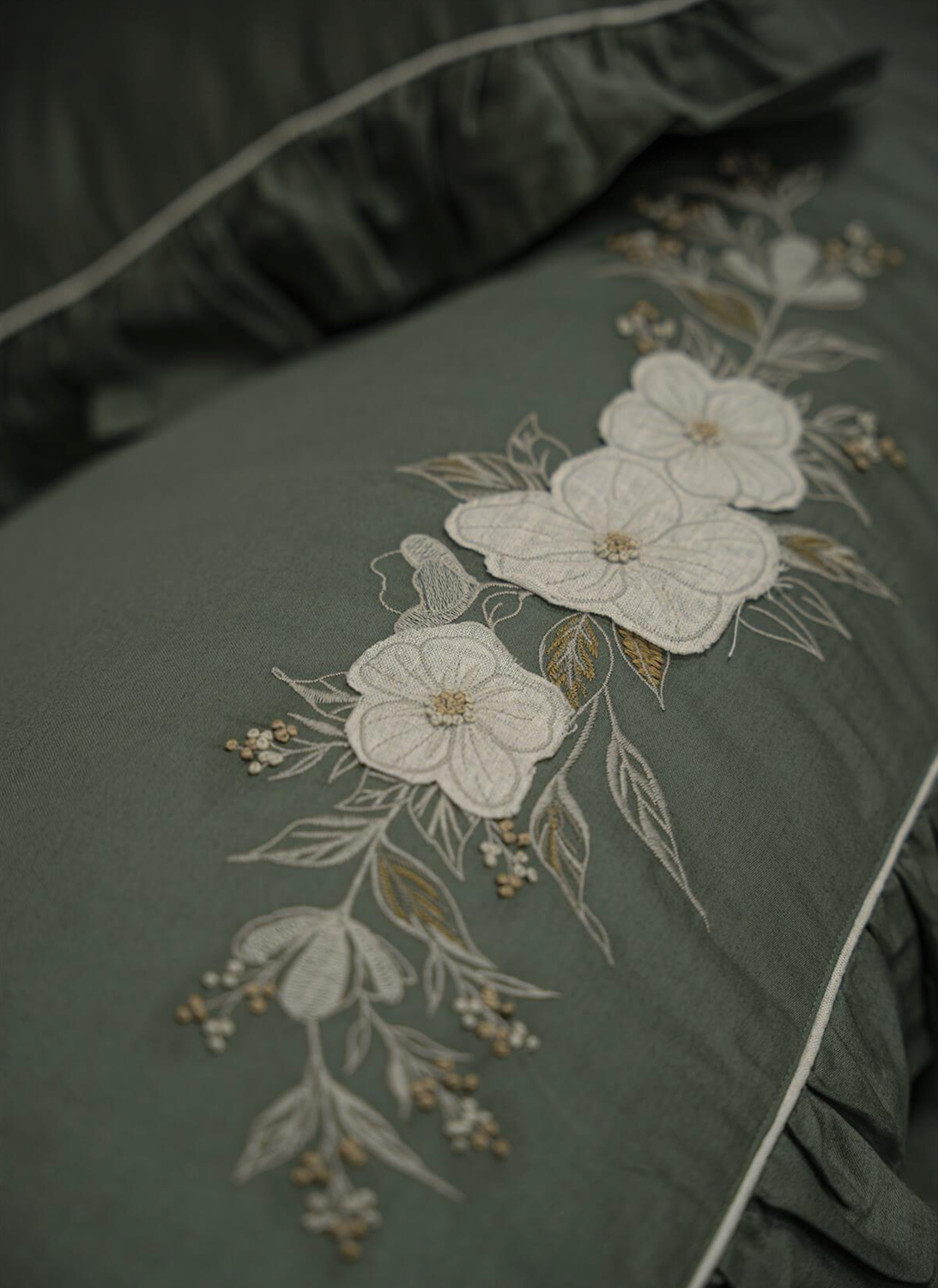 Ecocotton Vanya Battal Size Duvet Cover Set 100% Organic Cotton Satin Applique Embroidered Green 240x220 Cm