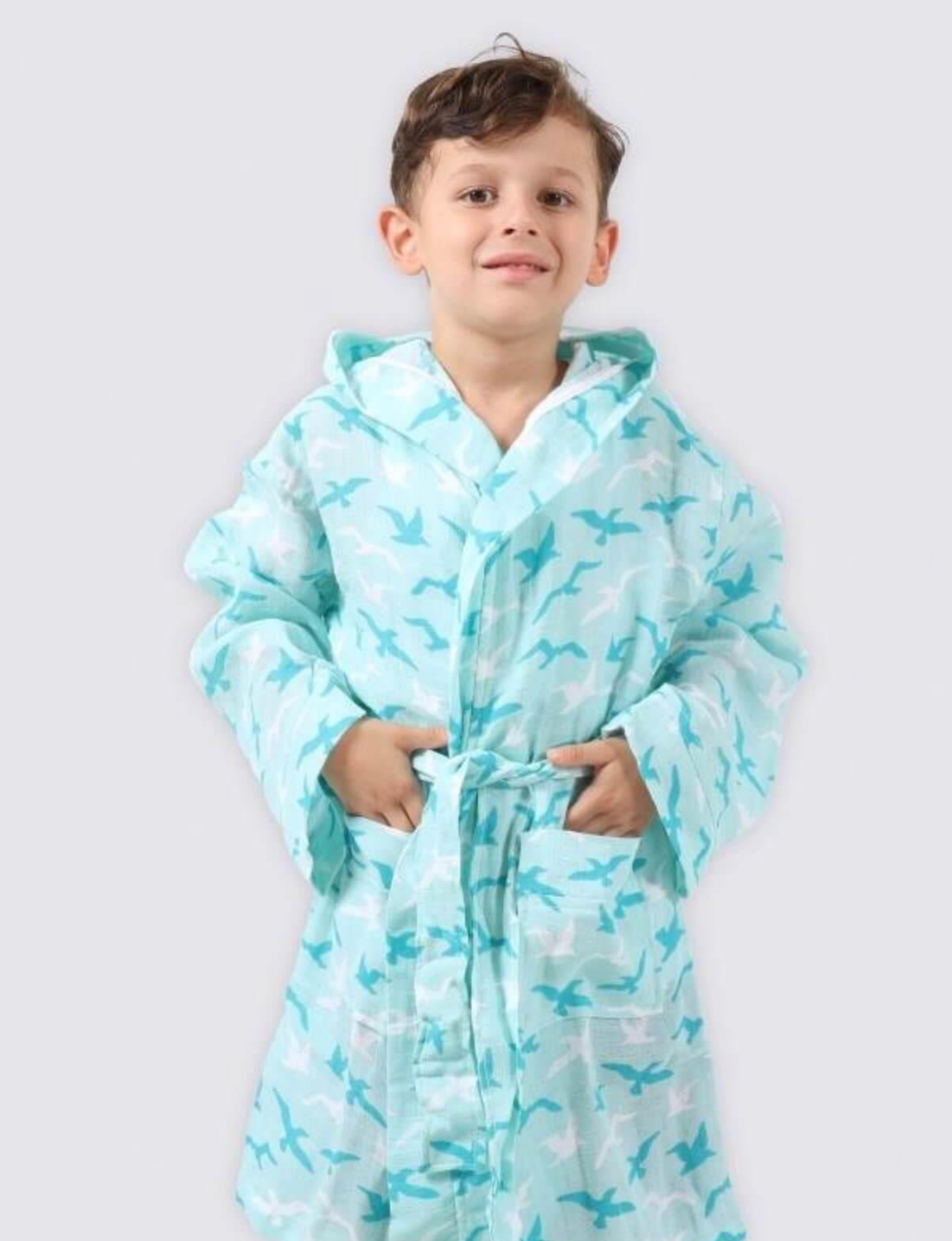 Ecocotton Turna Boys&#39; Bathrobe 100% Organic Cotton Muslin Printed Turquoise Turquoise 1-2 Years