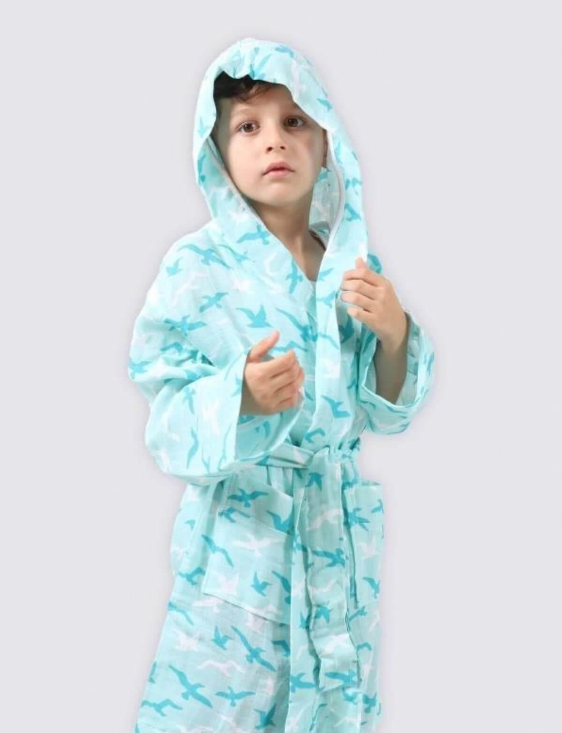 Ecocotton Turna Boys&#39; Bathrobe 100% Organic Cotton Muslin Printed Turquoise Turquoise 1-2 Years