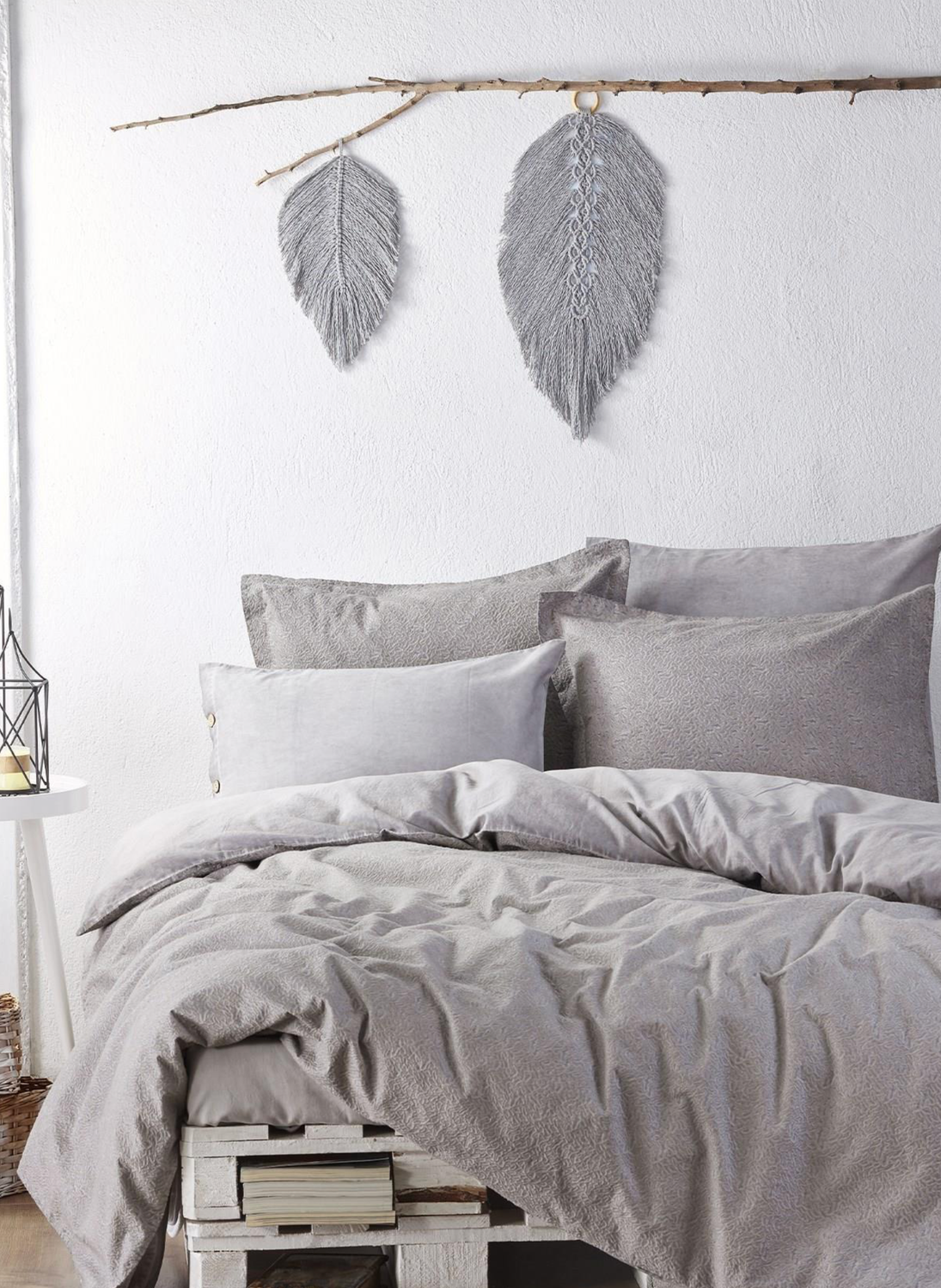 Ecocotton Larren Duvet Cover Set 100% Organic Cotton Satin Brocaded Gray 240x220 Cm