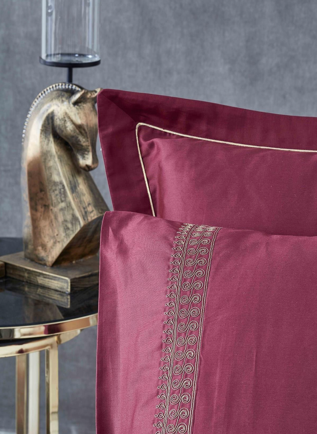 Ecocotton Tuğra Duvet Cover Set 100% Organic Cotton Satin Embroidered Burgundy 240x220 cm