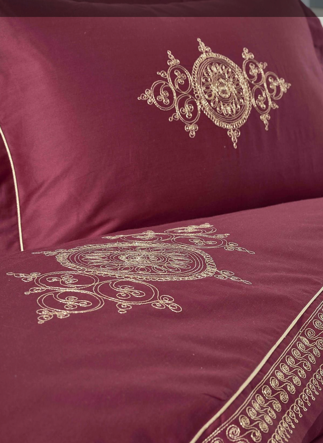 Ecocotton Tuğra Duvet Cover Set 100% Organic Cotton Satin Embroidered Burgundy 240x220 cm
