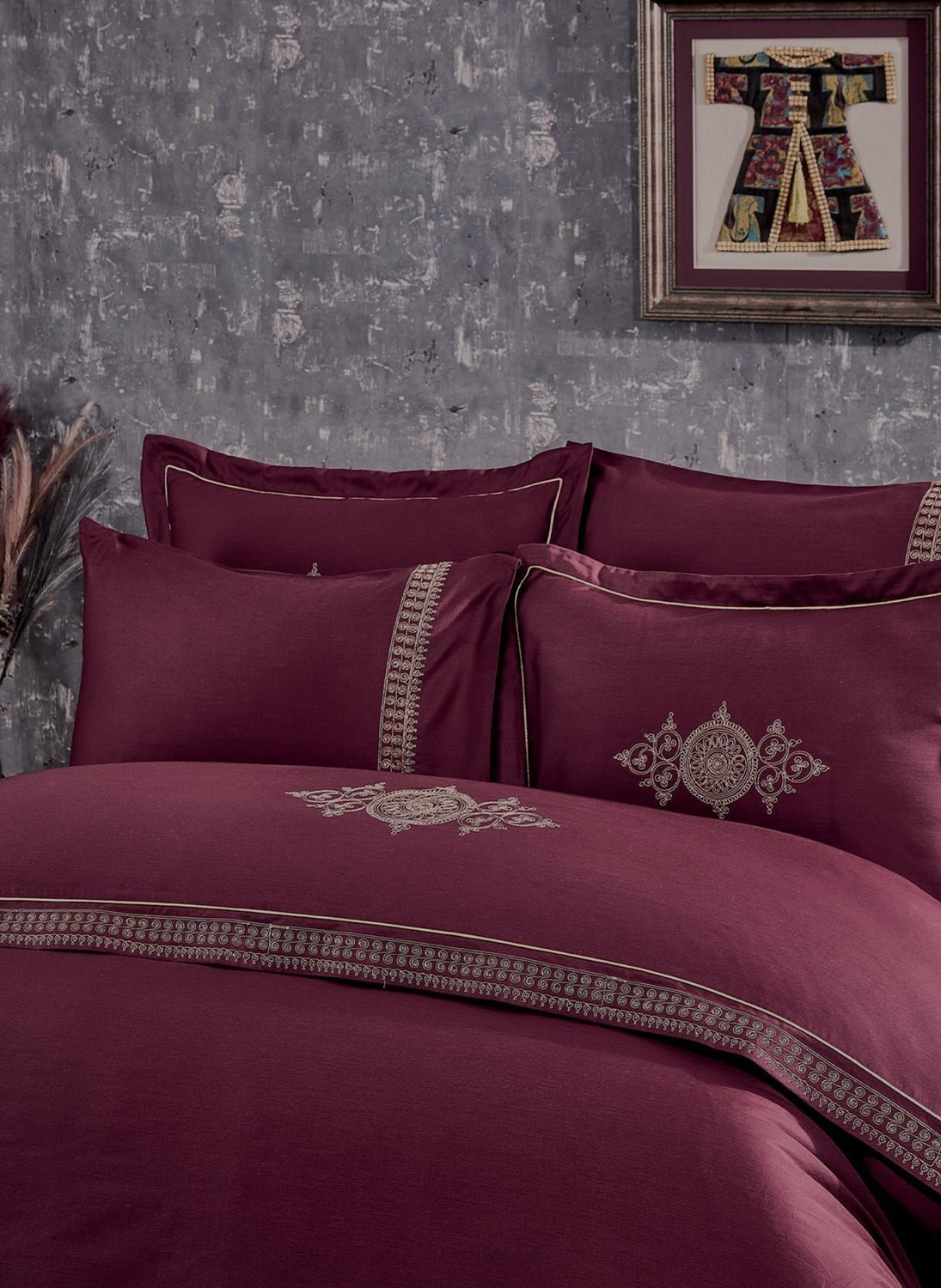 Ecocotton Tuğra Duvet Cover Set 100% Organic Cotton Satin Embroidered Burgundy 240x220 cm