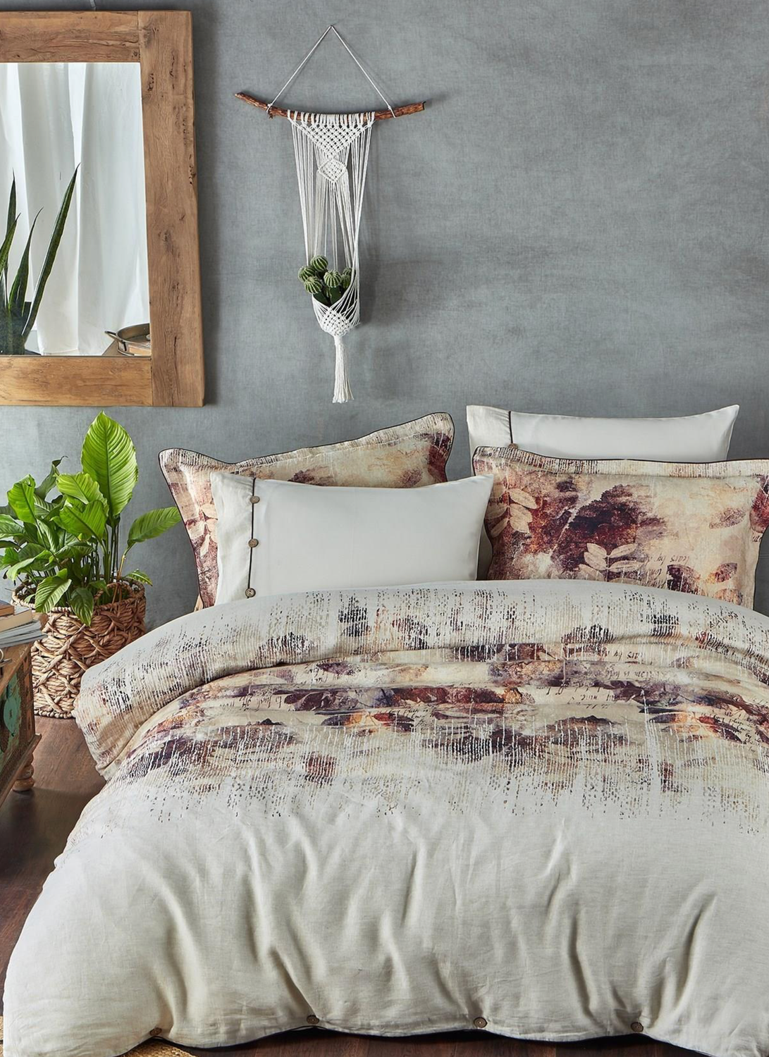 Ecocotton Demre Duvet Cover Set 100% Linen Digitally Printed Beige 240x220 Cm