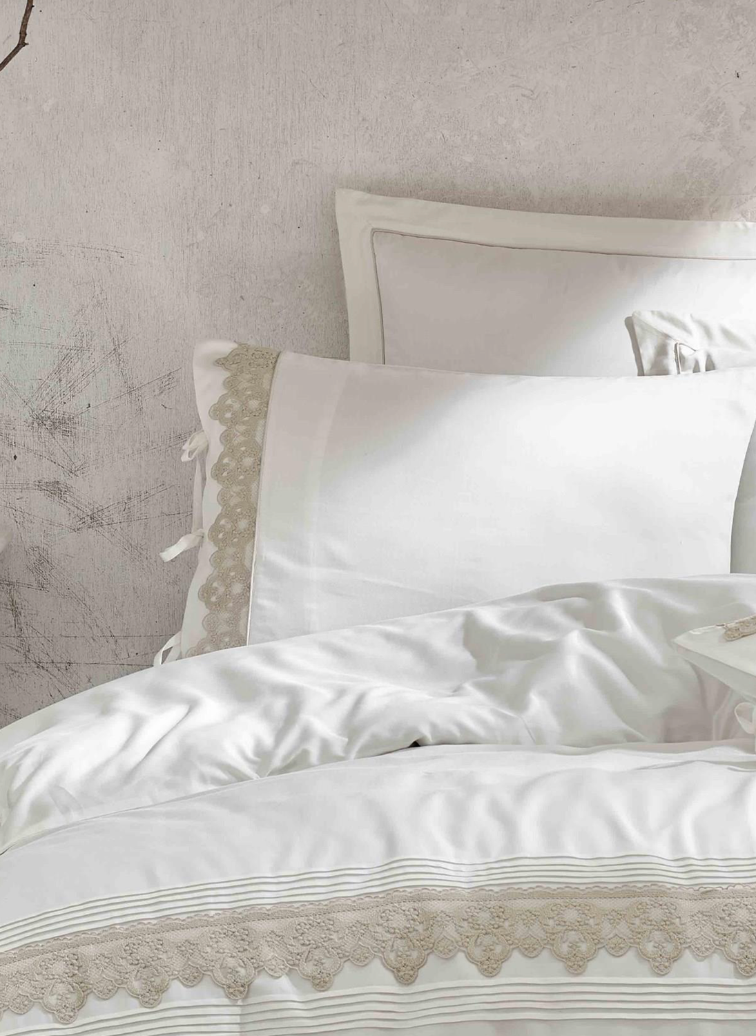 Ecocotton Azra Duvet Cover Set 100% Organic Cotton Satin Guipure Cream 240x220 Cm