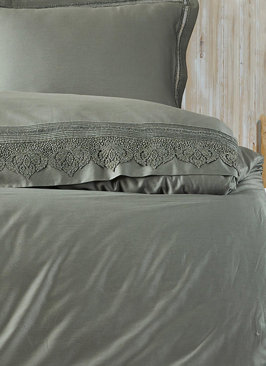 Ecocotton Alicia Duvet Cover Set 100% Organic Satin Guipure Cotton Green 240x220 cm