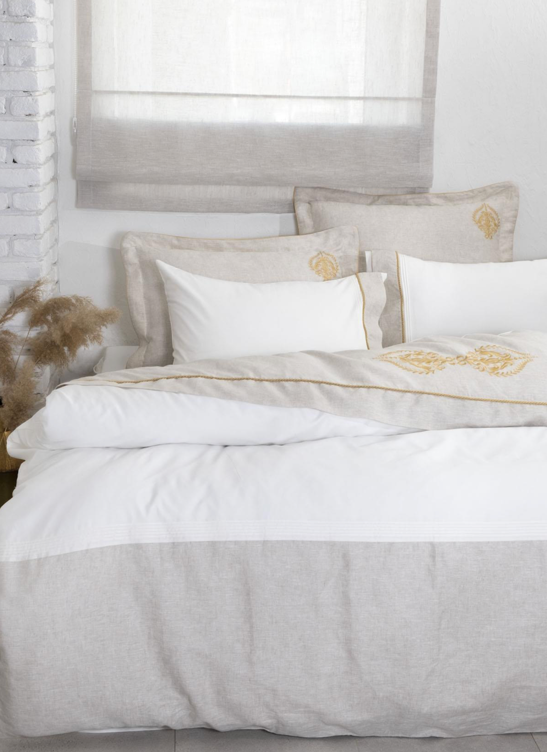 Ecocotton Hanzade Duvet Cover Set 100% Organic Cotton Satin Linen Embroidered Beige 240x220 Cm
