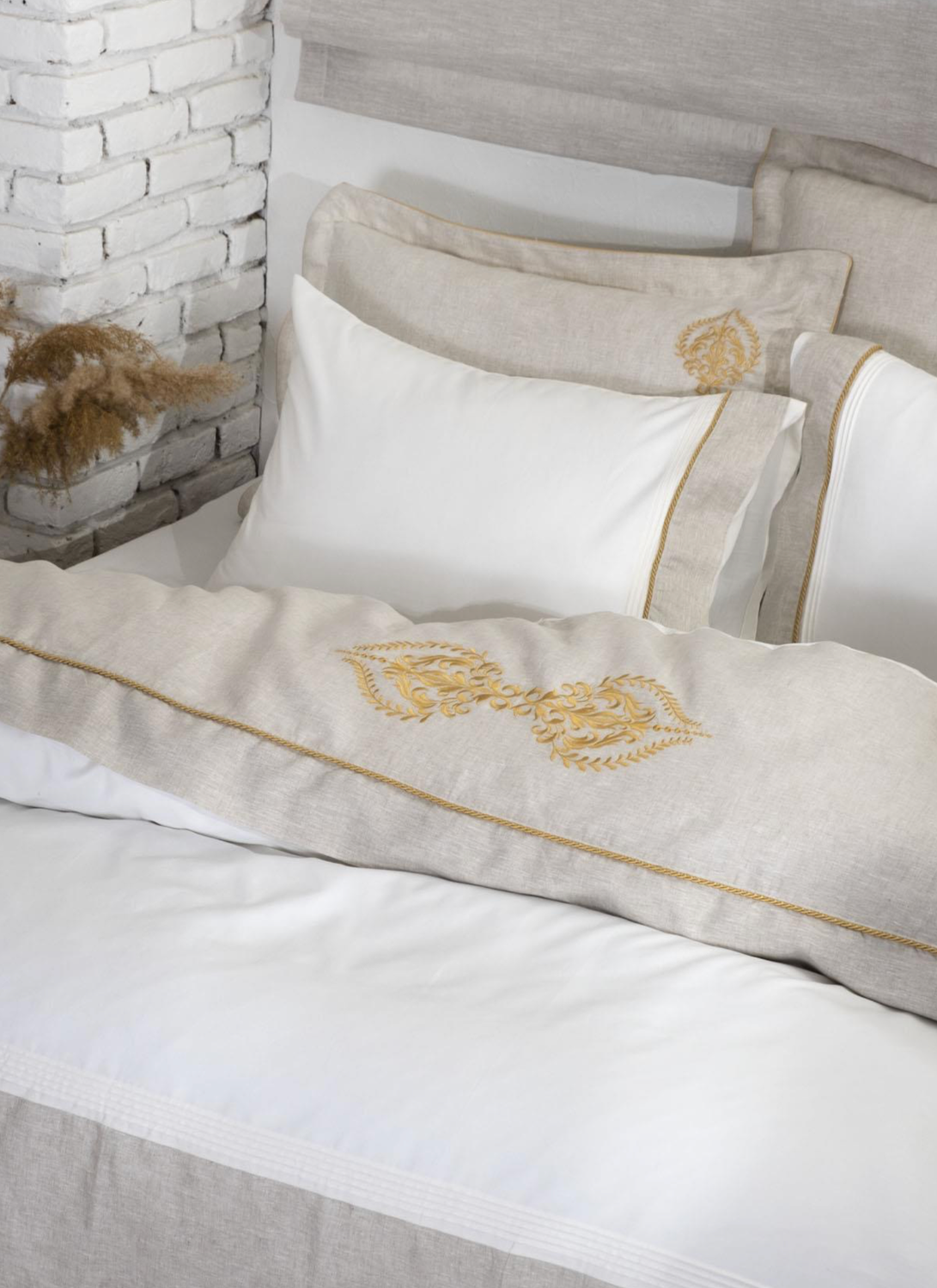 Ecocotton Hanzade Duvet Cover Set 100% Organic Cotton Satin Linen Embroidered Beige 240x220 Cm