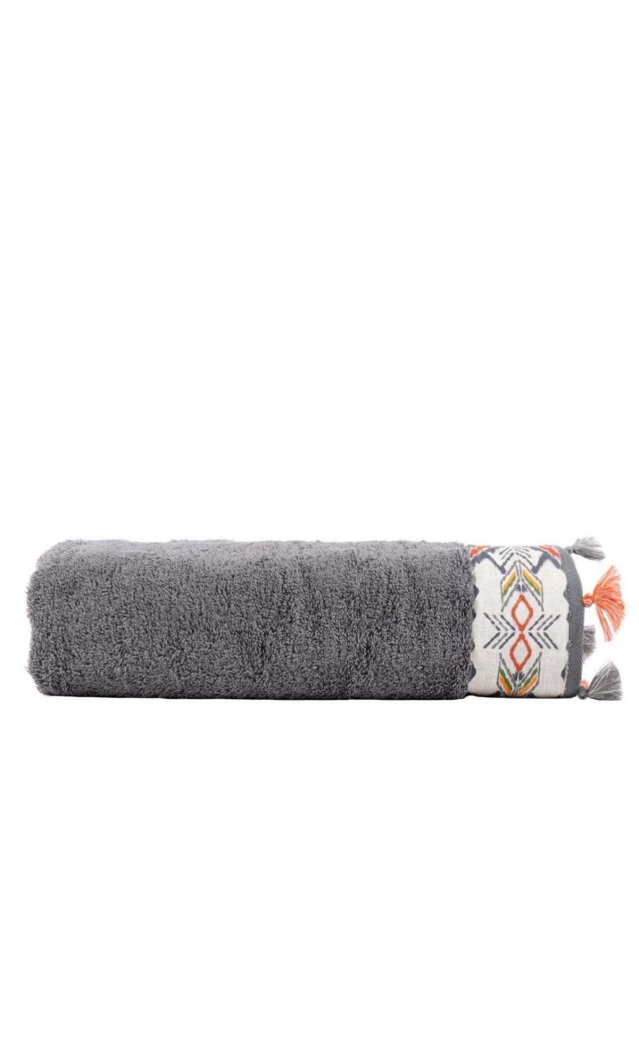 Ecocotton Pamira Handdoek 100% Biologisch Katoen Met kwastjes Bedrukt Antraciet 50x90 cm