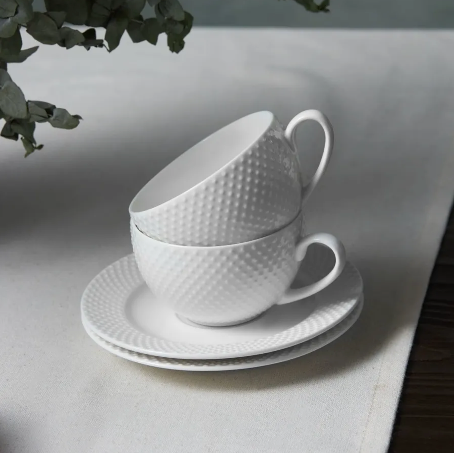 Karaca Punto for 4 Person Embossed Tea Cup and Saucer Set, 8 Piece, New Generation Bone, White, 220 ml