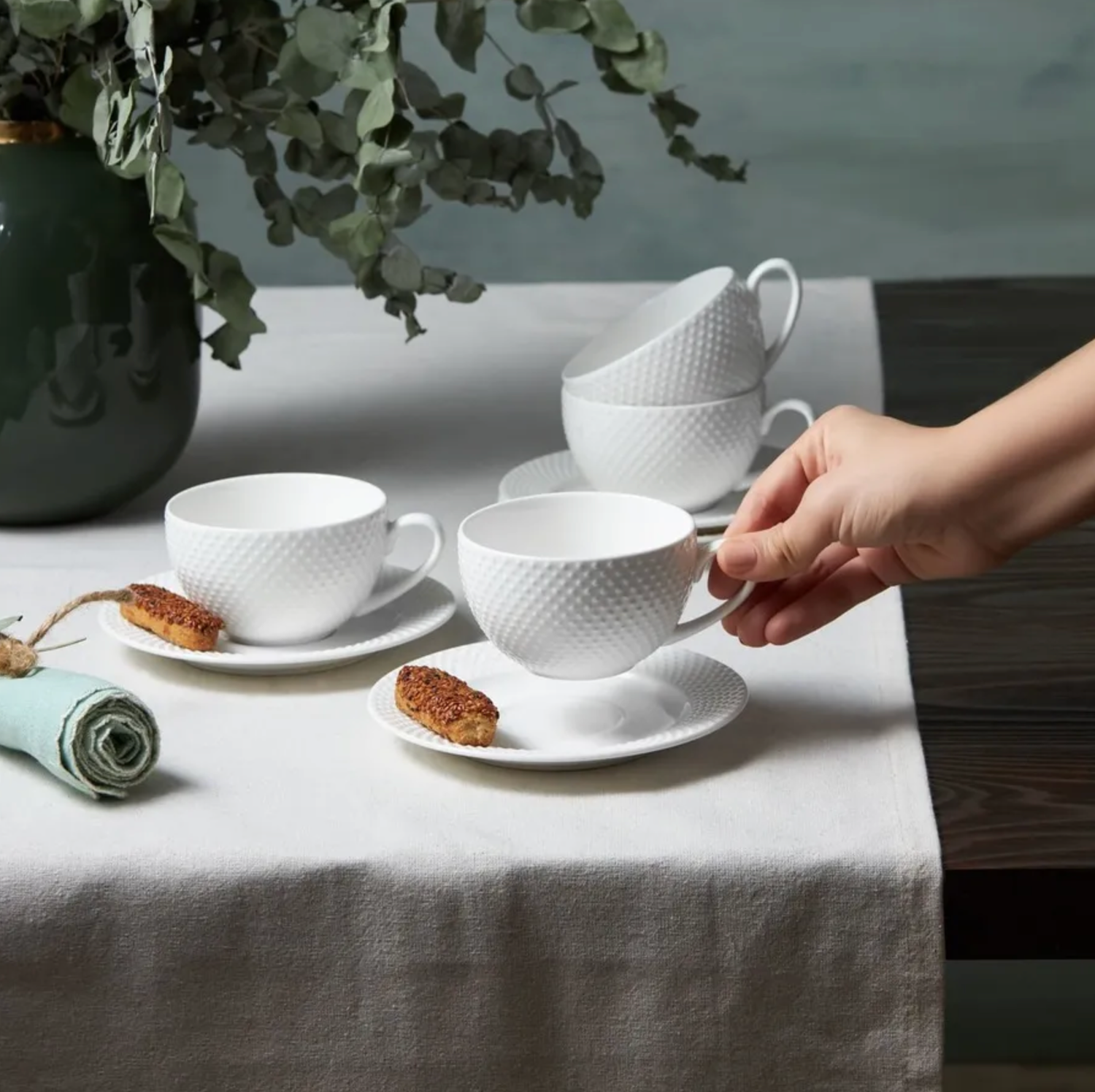 Karaca Punto for 4 Person Embossed Tea Cup and Saucer Set, 8 Piece, New Generation Bone, White, 220 ml
