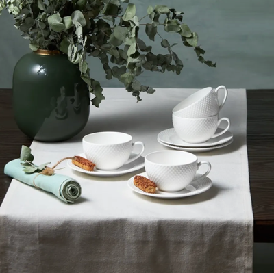 Karaca Punto for 4 Person Embossed Tea Cup and Saucer Set, 8 Piece, New Generation Bone, White, 220 ml