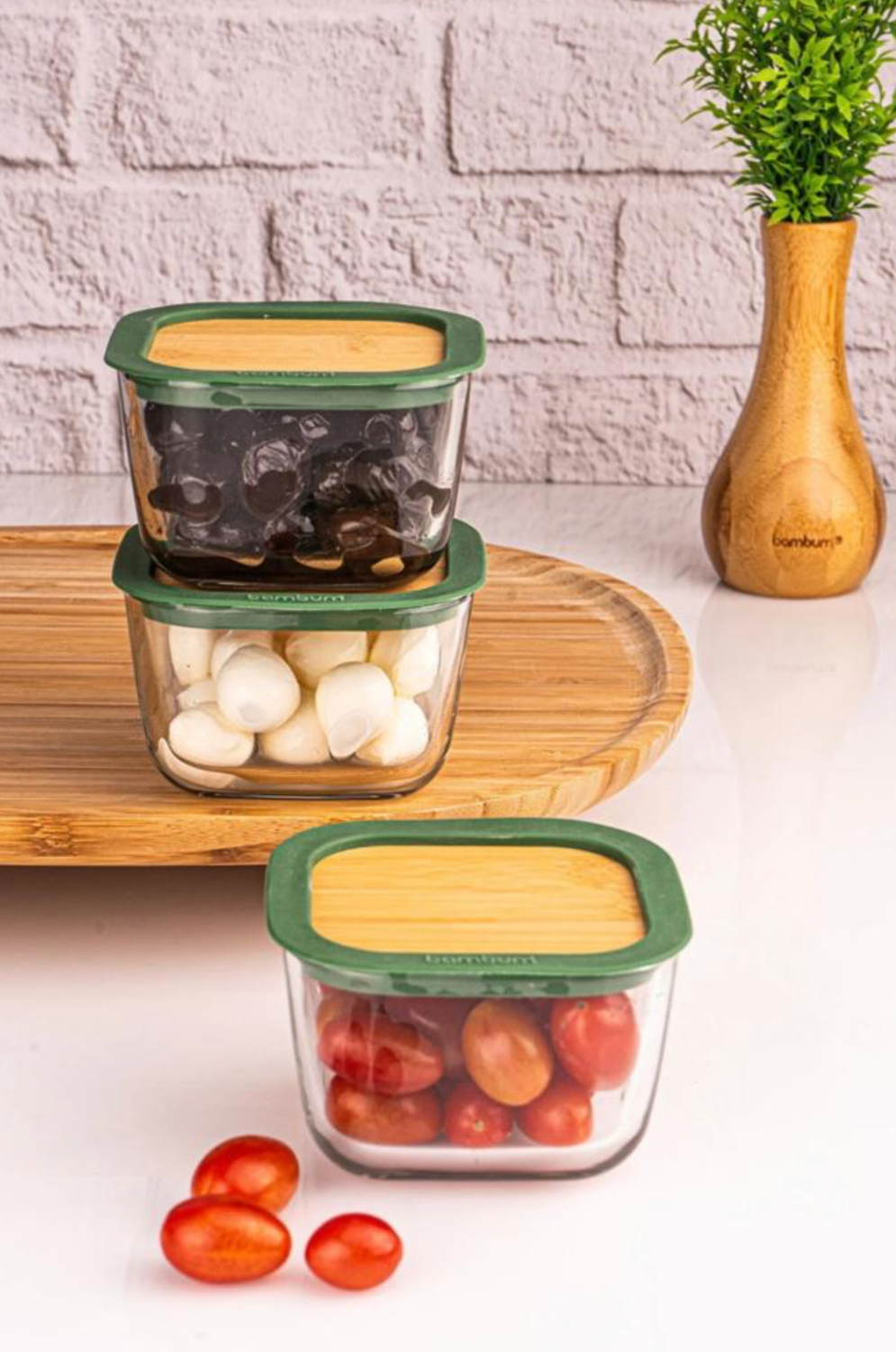 Bambum Trios - 3-Piece Breakfast Set with Closed Lid Small Green