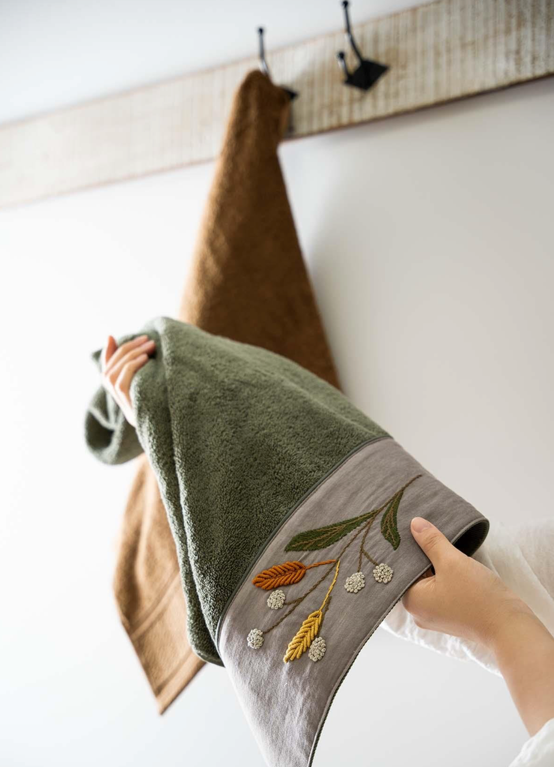 Ecocotton Farah Family Bathrobe Set 100% Organic Cotton Embroidered Green/Brown - M/L