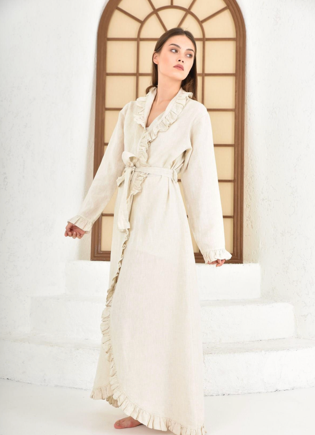 Ecocotton Miranda Women&#39;s Dressing Gown 100% Linen Piece Dye Cream
