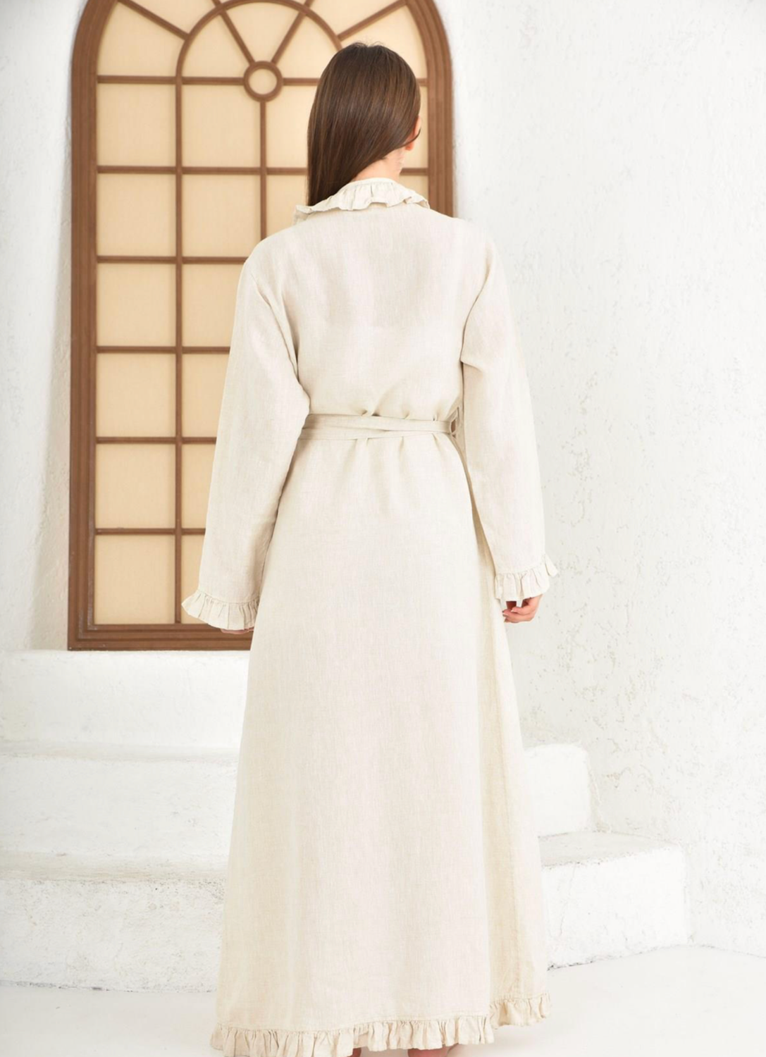 Ecocotton Miranda Women&#39;s Dressing Gown 100% Linen Piece Dye Cream