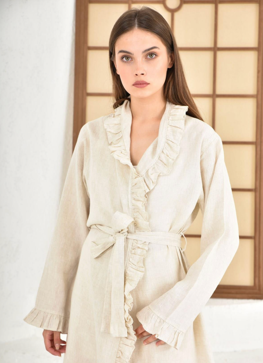 Ecocotton Miranda Women&#39;s Dressing Gown 100% Linen Piece Dye Cream