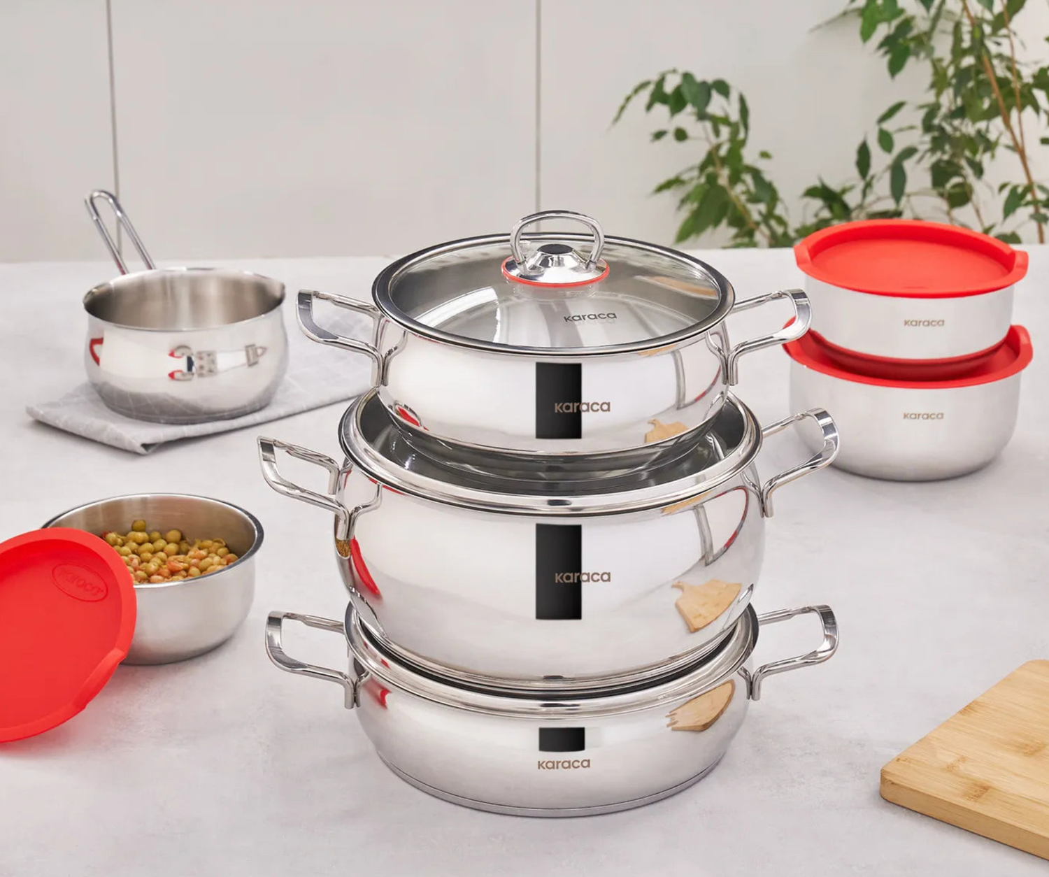 Karaca Induction Steel Pot Set and Storage Container, 13 Piece