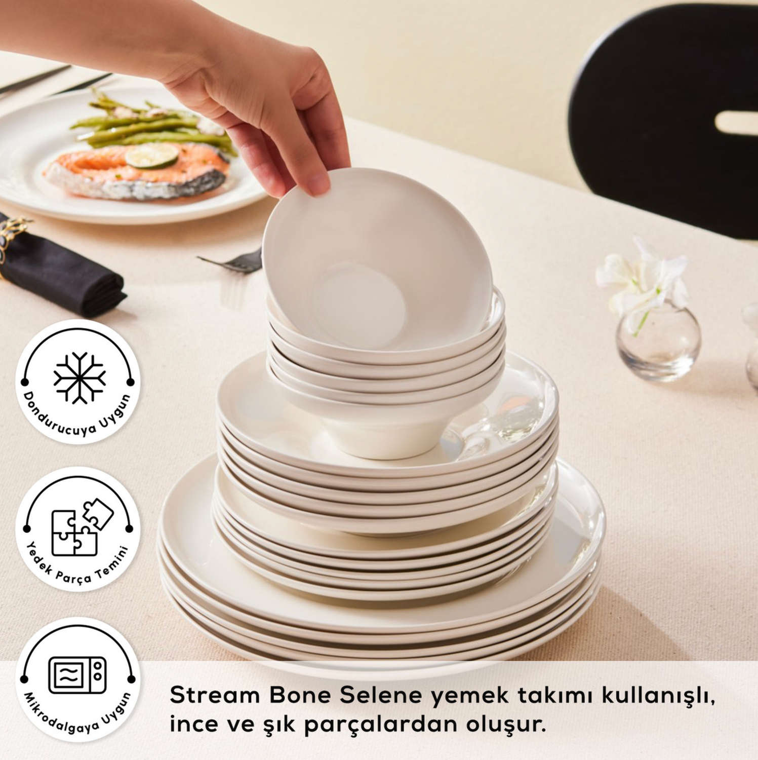 Karaca Streamline Selene 24 Piece Dinnerware Set for 6 Person, White