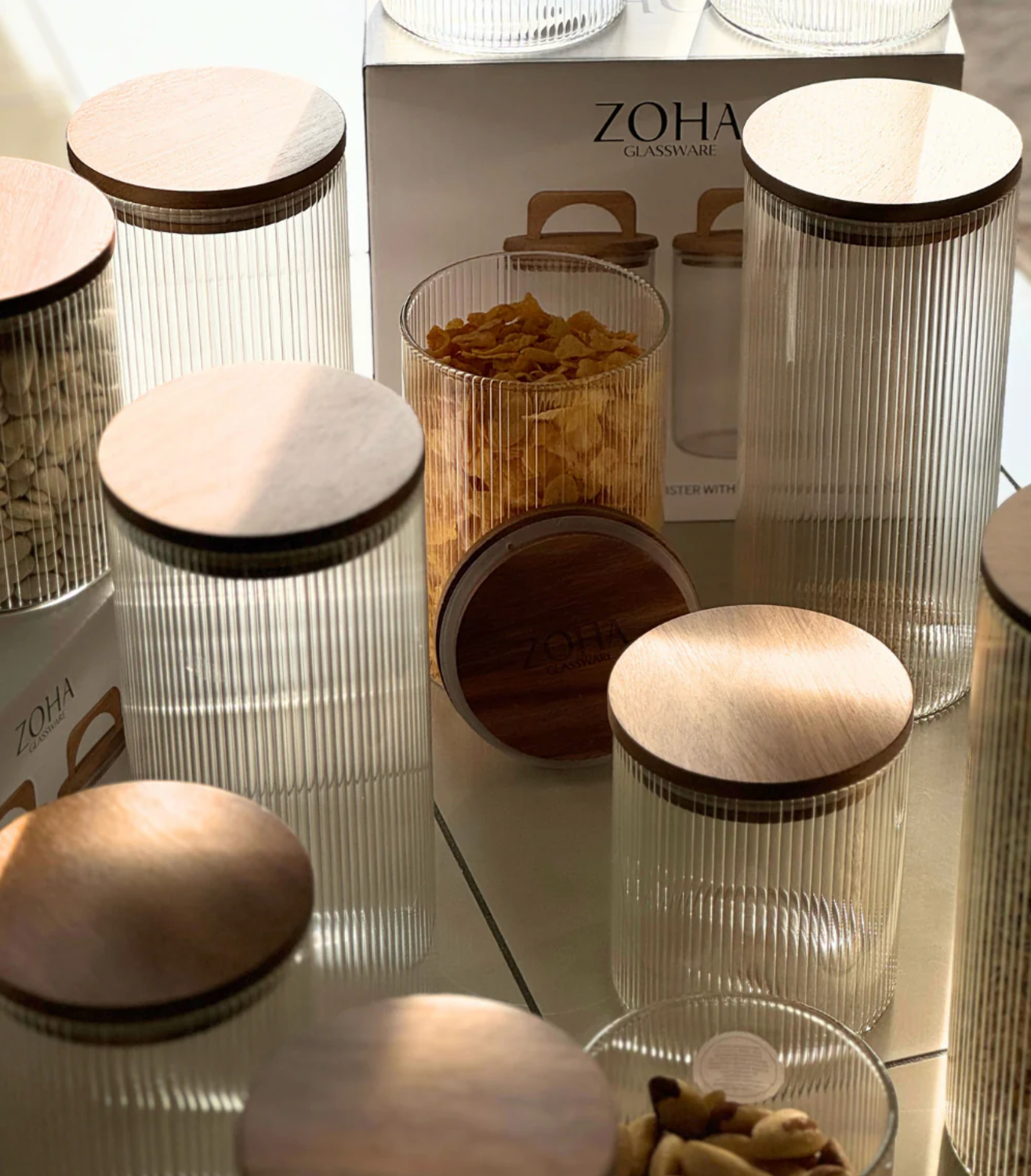 Stock jars Stripe acacia lid set of 2/ 450 ml