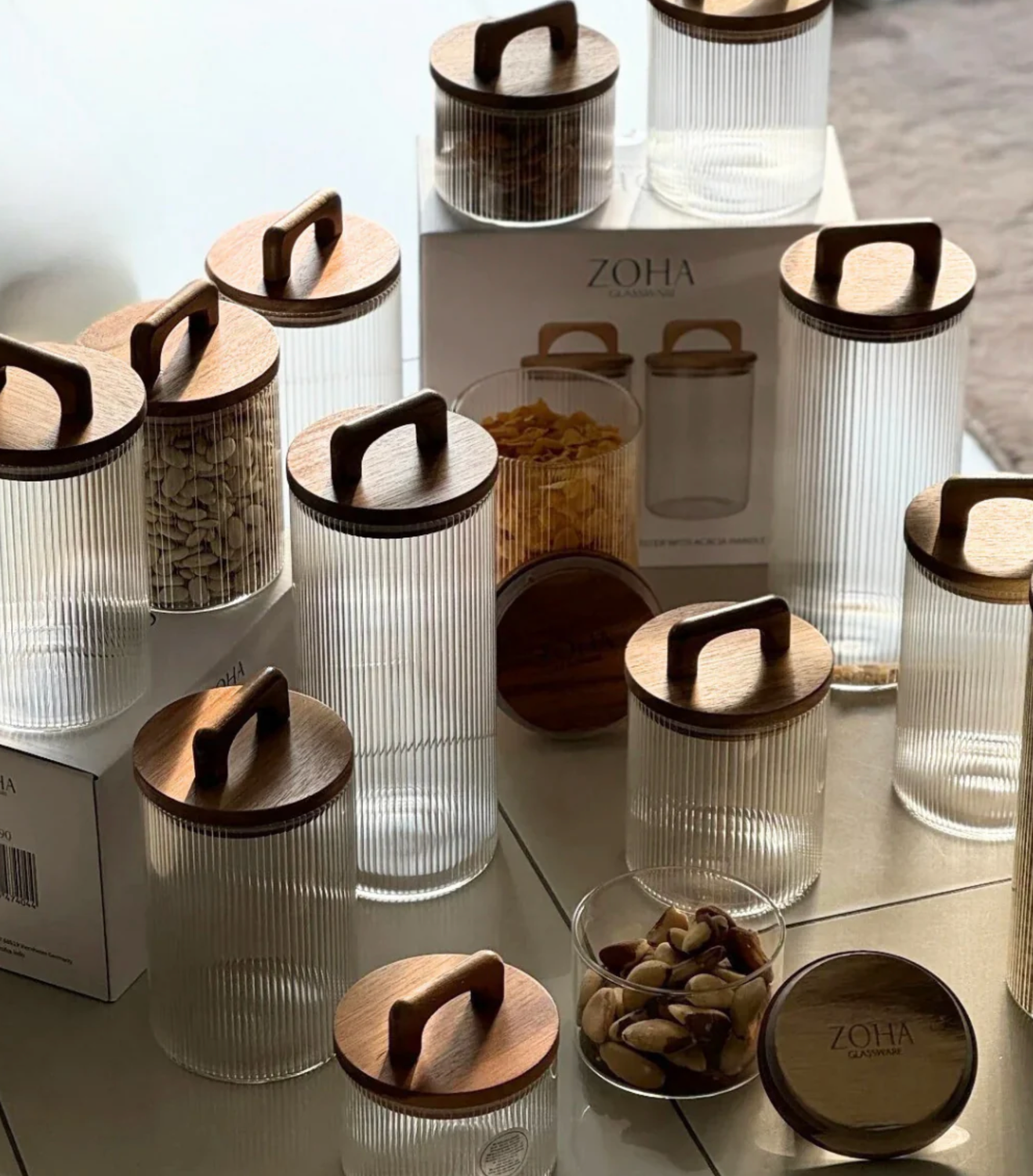 Stock jars Henkel Stripe acacia lid set of 2/ 450 ml