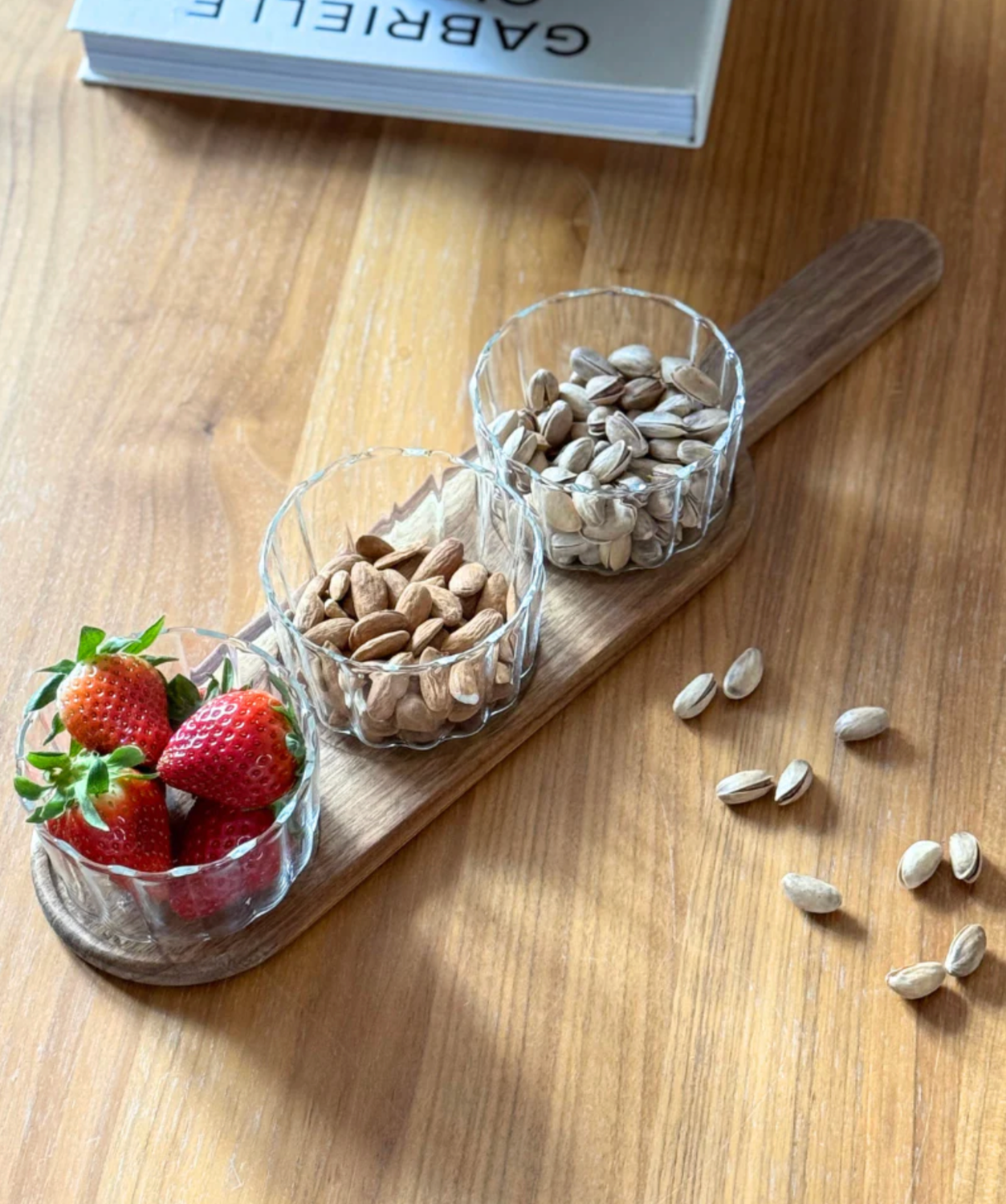 Acacia wood serving board with 3 glass bowls